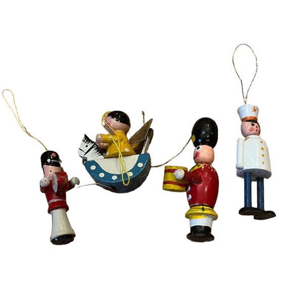 Set Of 4 VTG Wooden Ornaments Rocking Horse Angel Drummer Band Major Miniatures - Picture 1 of 9